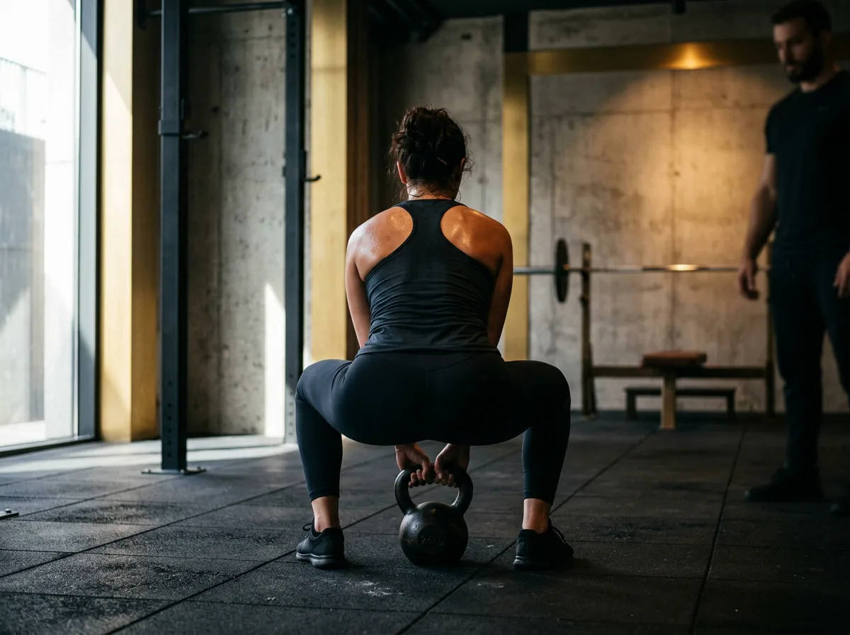 Danışan, antrenörün gözetiminde kettlebell ile çömelme hareketi yapıyor.
